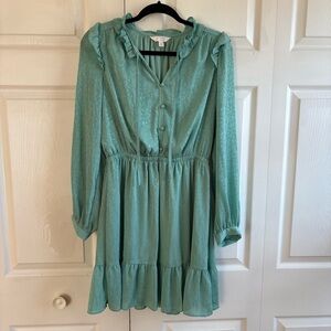 LC Lauren Conrad Ruffle Neck Hem Button Front‎ Dress Green Elastic M Babydoll
